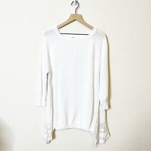 Sundance White Linen Embroidered Tunic Sweater Sharkbite Asymmetrical Hem Size L